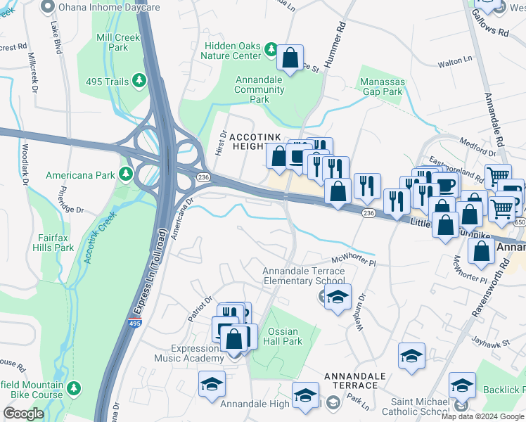 map of restaurants, bars, coffee shops, grocery stores, and more near 4209 Americana Drive in Annandale
