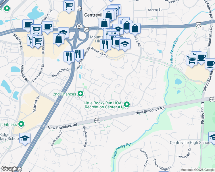 map of restaurants, bars, coffee shops, grocery stores, and more near 13901 Gothic Drive in Centreville