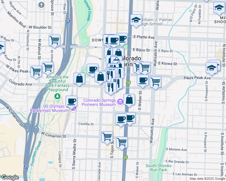 map of restaurants, bars, coffee shops, grocery stores, and more near 102 South Tejon Street in Colorado Springs