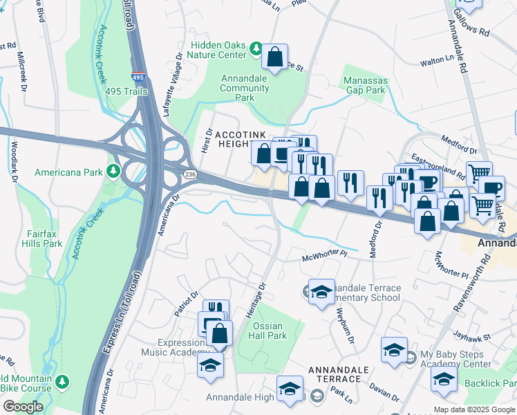 map of restaurants, bars, coffee shops, grocery stores, and more near 4203 Americana Drive in Annandale