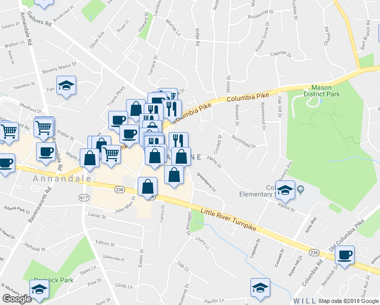 map of restaurants, bars, coffee shops, grocery stores, and more near 6936 Alpine Drive in Annandale