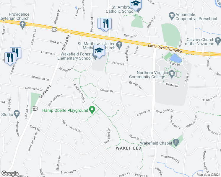 map of restaurants, bars, coffee shops, grocery stores, and more near 4221 Sherando Lane in Annandale