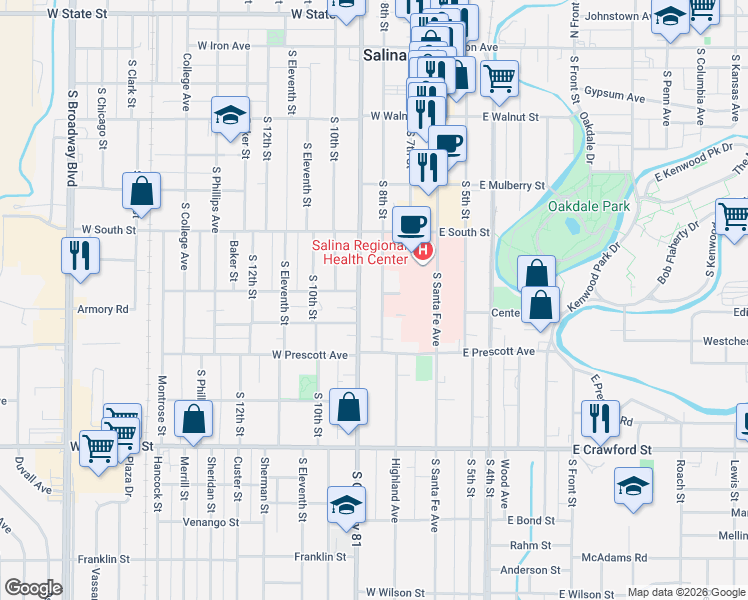 map of restaurants, bars, coffee shops, grocery stores, and more near 503 South 9th Street in Salina