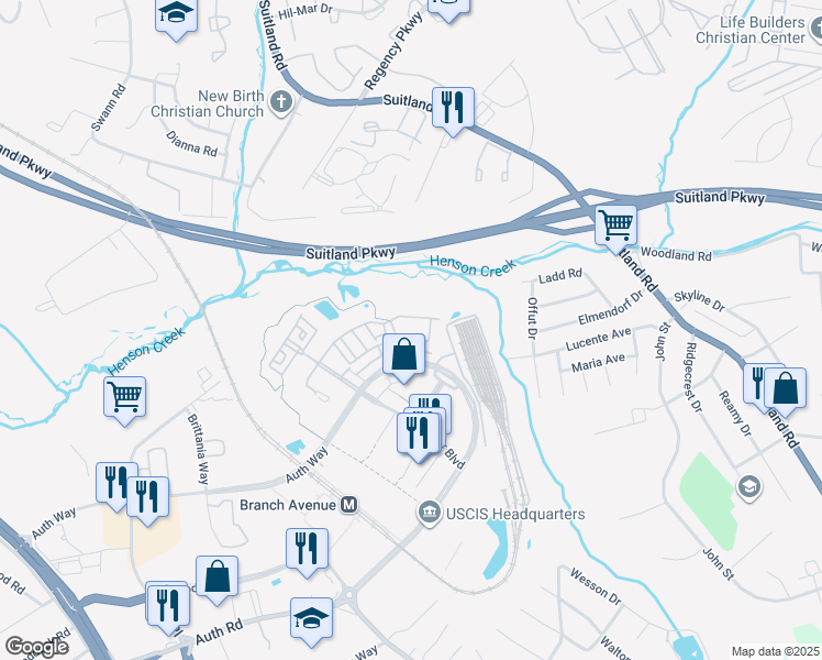 map of restaurants, bars, coffee shops, grocery stores, and more near 5611 Hartfield Avenue in Camp Springs