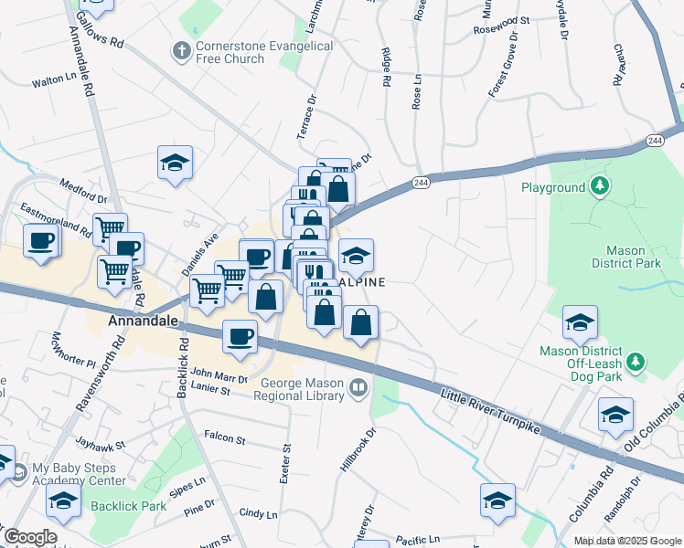 map of restaurants, bars, coffee shops, grocery stores, and more near 7006 Evergreen Court in Annandale