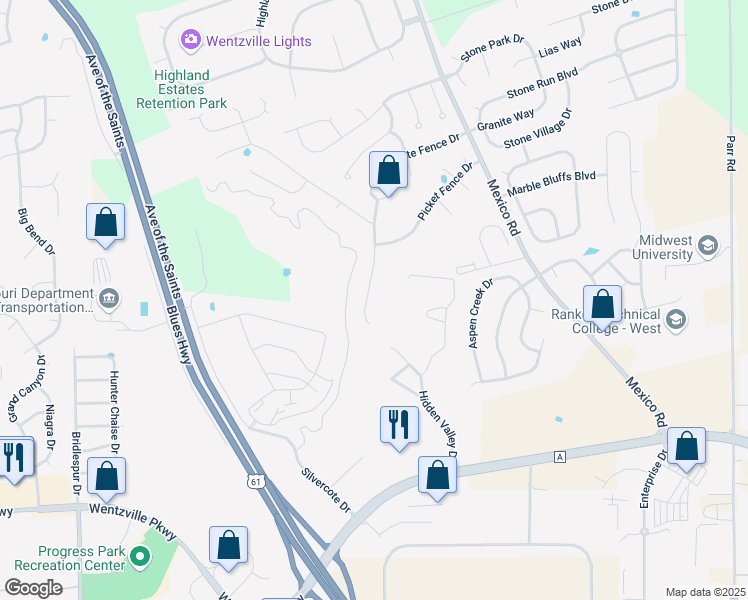 map of restaurants, bars, coffee shops, grocery stores, and more near 110 Stone Post Lane in Wentzville