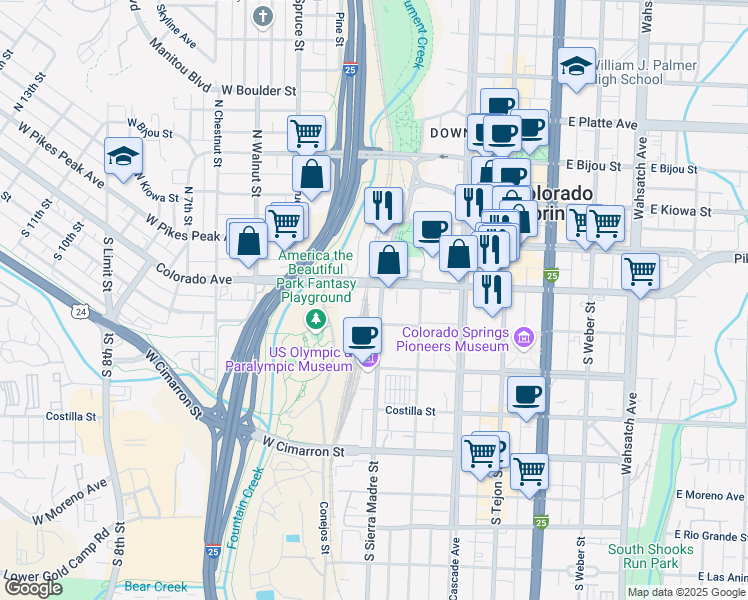 map of restaurants, bars, coffee shops, grocery stores, and more near 110A South Sierra Madre Street in Colorado Springs