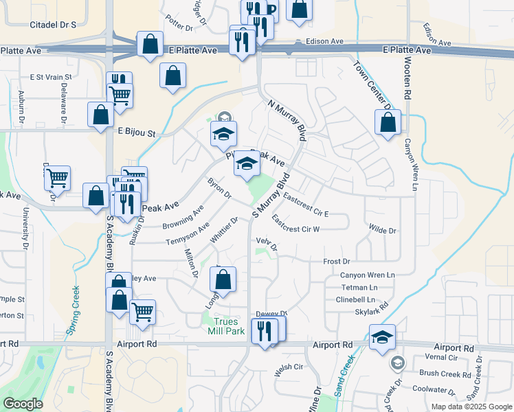 map of restaurants, bars, coffee shops, grocery stores, and more near 225 Byron Drive in Colorado Springs