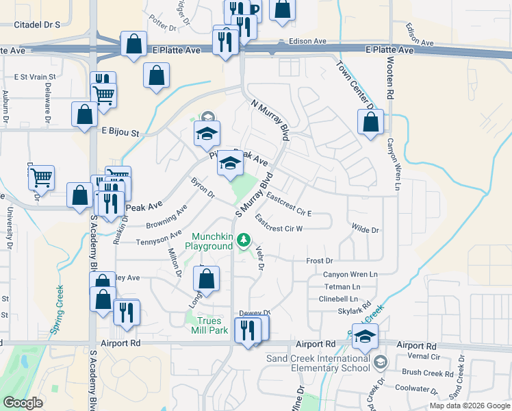 map of restaurants, bars, coffee shops, grocery stores, and more near 4312 Eastcrest Circle East in Colorado Springs