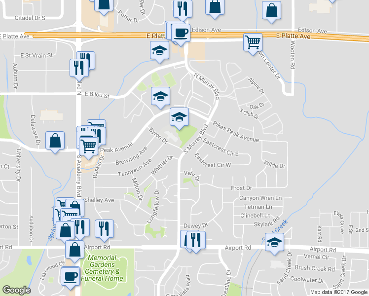 map of restaurants, bars, coffee shops, grocery stores, and more near 225 Byron Drive in Colorado Springs
