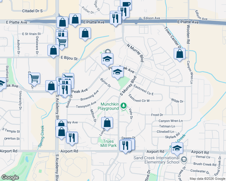 map of restaurants, bars, coffee shops, grocery stores, and more near 208 Byron Drive in Colorado Springs