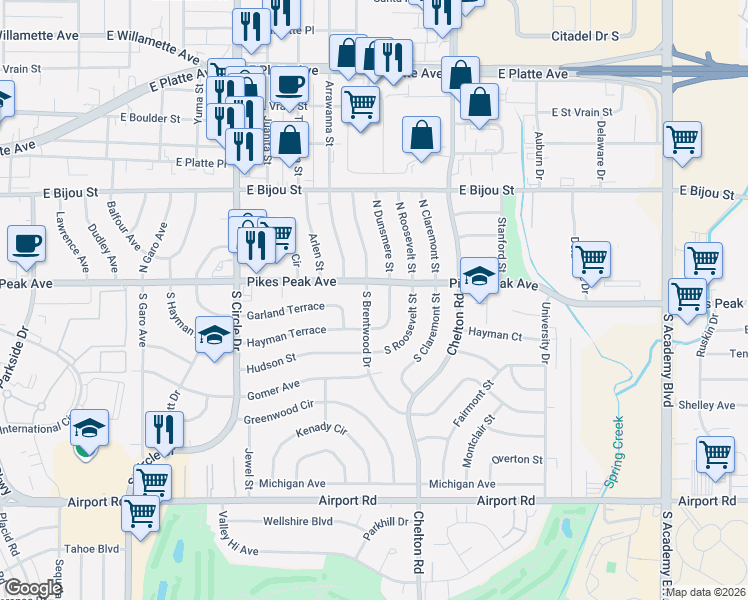 map of restaurants, bars, coffee shops, grocery stores, and more near 14 South Brentwood Drive in Colorado Springs