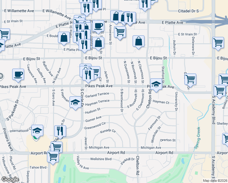map of restaurants, bars, coffee shops, grocery stores, and more near 3008 Garland Terrace in Colorado Springs
