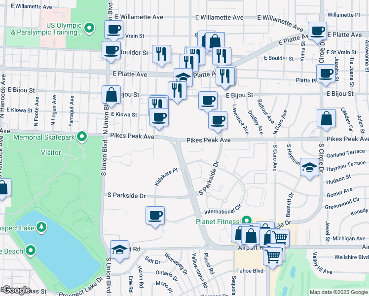 map of restaurants, bars, coffee shops, grocery stores, and more near 44-100 Printers Pkwy in Colorado Springs