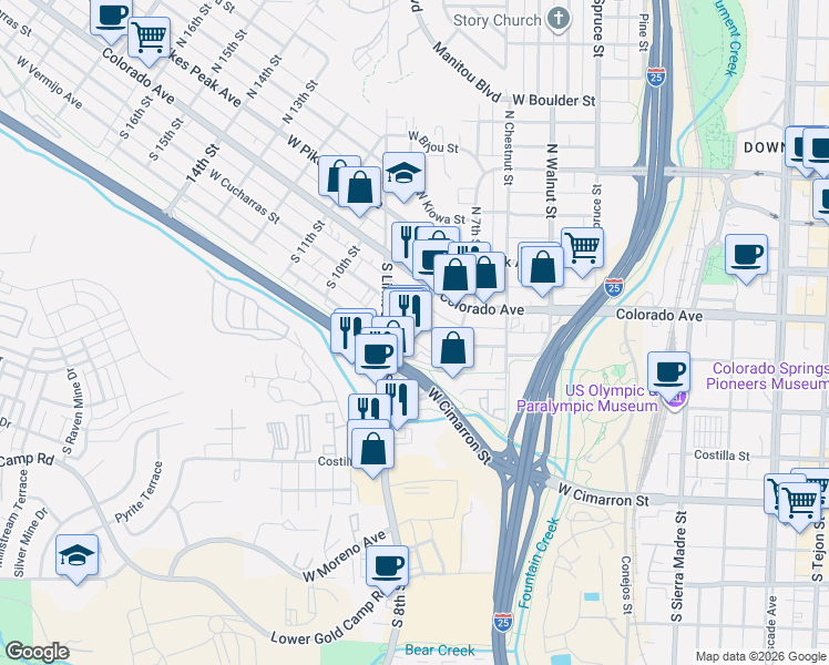 map of restaurants, bars, coffee shops, grocery stores, and more near 735 West Cucharras Street in Colorado Springs