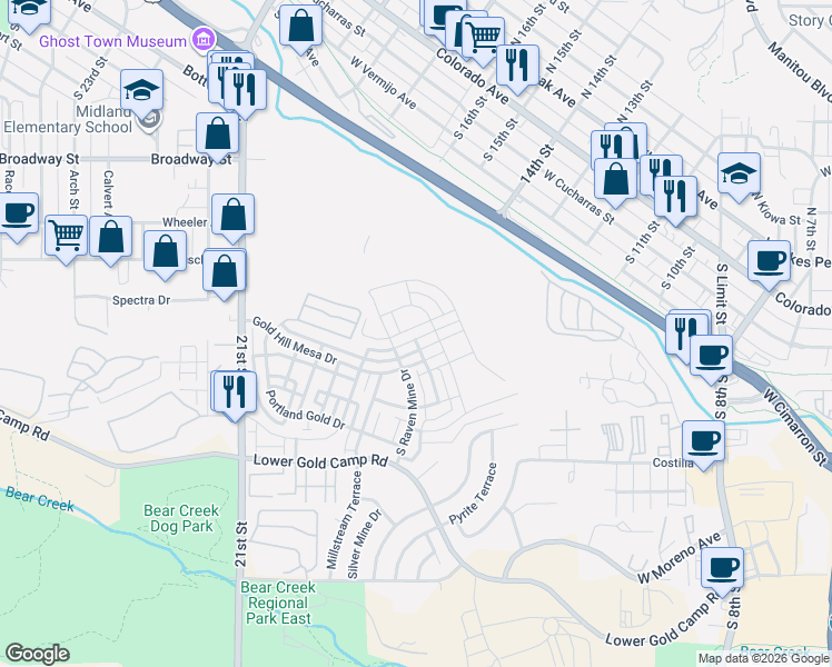 map of restaurants, bars, coffee shops, grocery stores, and more near 1336 Solitaire Street in Colorado Springs