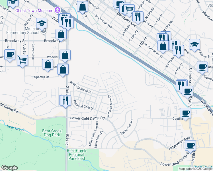 map of restaurants, bars, coffee shops, grocery stores, and more near 1336 Solitaire Street in Colorado Springs