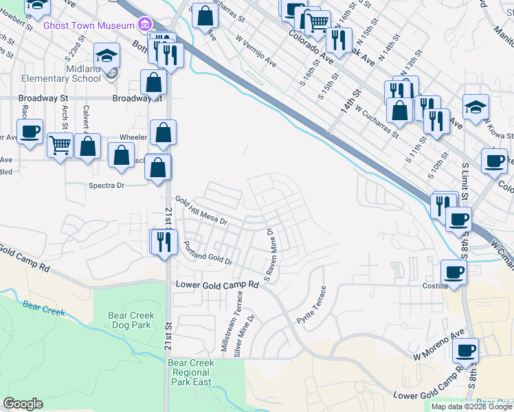 map of restaurants, bars, coffee shops, grocery stores, and more near 1336 Solitaire Street in Colorado Springs
