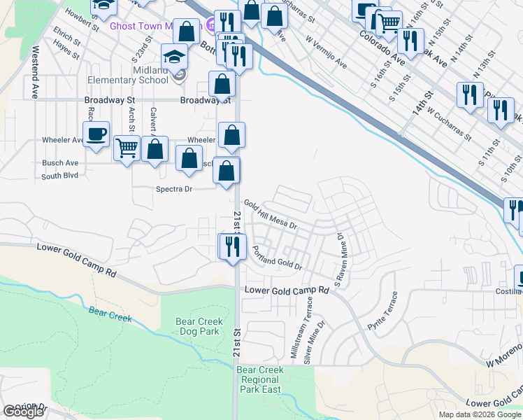map of restaurants, bars, coffee shops, grocery stores, and more near 1618 Gold Hill Mesa Drive in Colorado Springs