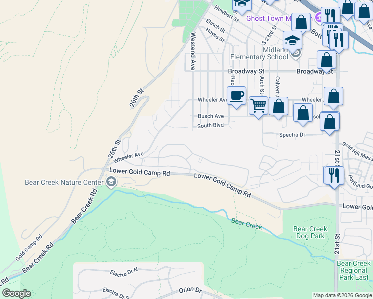 map of restaurants, bars, coffee shops, grocery stores, and more near 2553 Patriot Heights in Colorado Springs