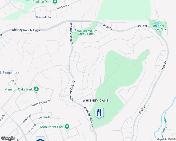 map of restaurants, bars, coffee shops, grocery stores, and more near 3641 Black Oak Drive in Rocklin