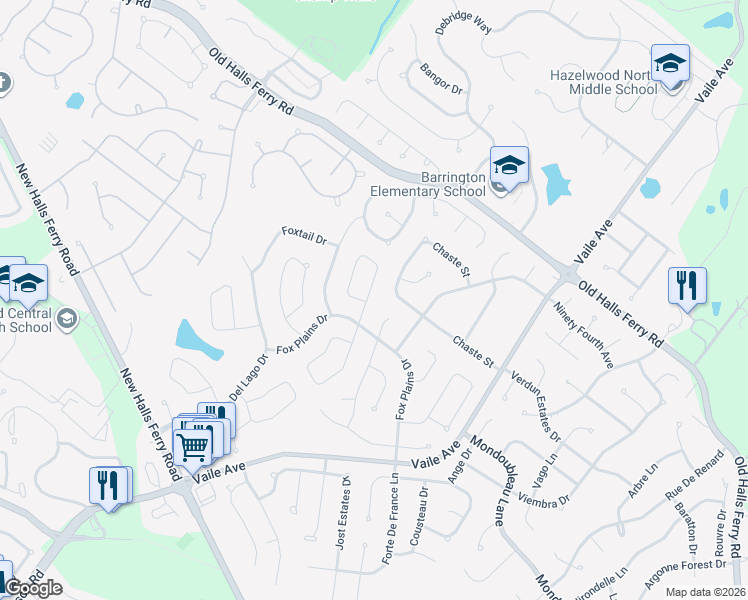 map of restaurants, bars, coffee shops, grocery stores, and more near 4114 Bugle Bend Drive in Florissant