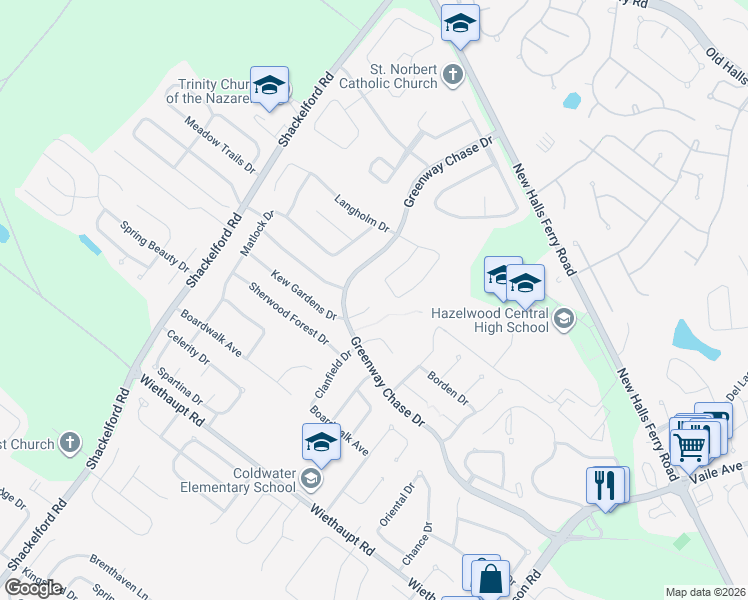 map of restaurants, bars, coffee shops, grocery stores, and more near 1283 Kew Gardens Drive in Florissant
