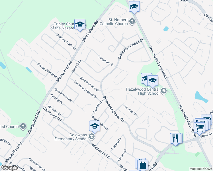 map of restaurants, bars, coffee shops, grocery stores, and more near 3130 Greenway Chase Drive in Florissant