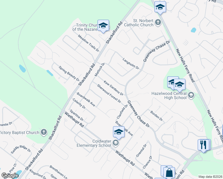 map of restaurants, bars, coffee shops, grocery stores, and more near 1463 Kew Gardens Drive in Florissant