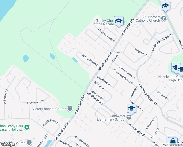 map of restaurants, bars, coffee shops, grocery stores, and more near 2965 Shackelford Road in Florissant
