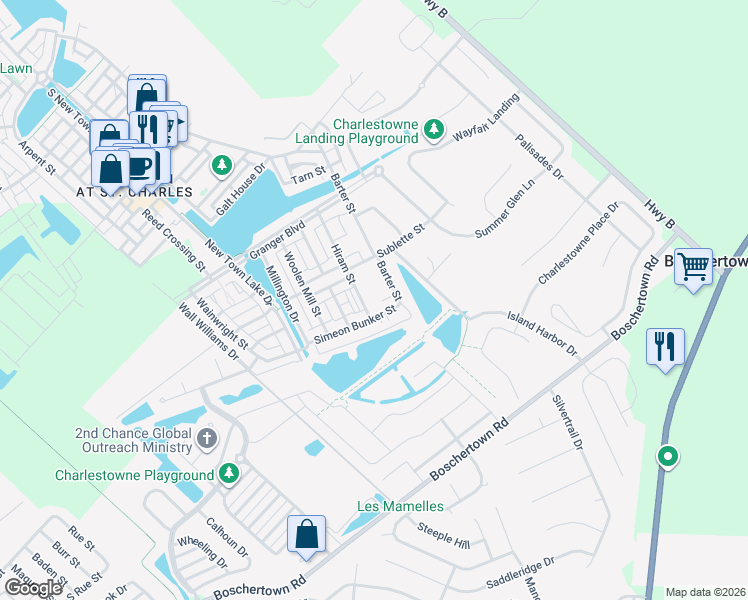 map of restaurants, bars, coffee shops, grocery stores, and more near 3400 Simeon Bunker Street in Saint Charles