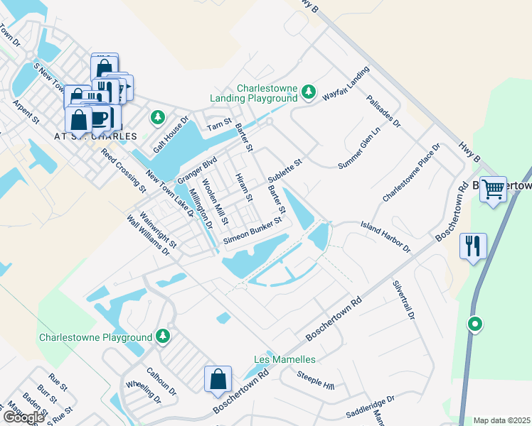 map of restaurants, bars, coffee shops, grocery stores, and more near 3400 Simeon Bunker Street in Saint Charles