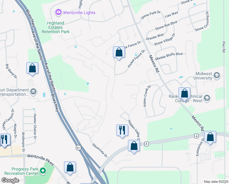 map of restaurants, bars, coffee shops, grocery stores, and more near 110 Stone Post Lane in Wentzville