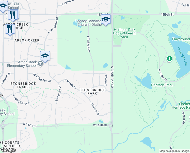 map of restaurants, bars, coffee shops, grocery stores, and more near 16335 South Twilight Lane in Olathe