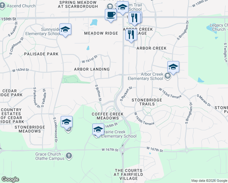 map of restaurants, bars, coffee shops, grocery stores, and more near 16751 West 163rd Terrace in Olathe