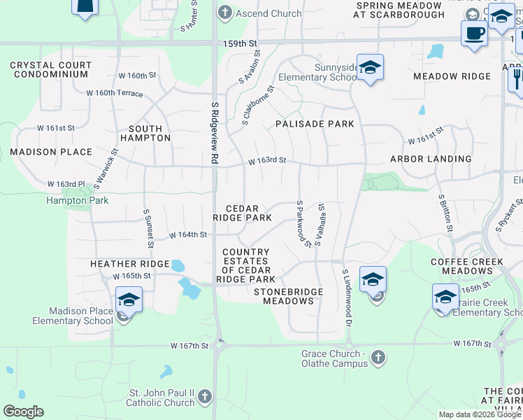 map of restaurants, bars, coffee shops, grocery stores, and more near 17967 West 163rd Terrace in Olathe