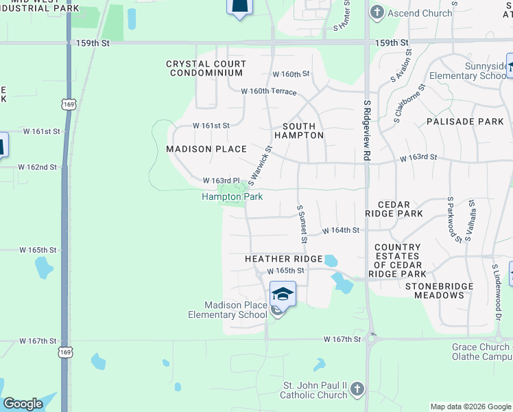 map of restaurants, bars, coffee shops, grocery stores, and more near 18967 West 163rd Circle in Olathe