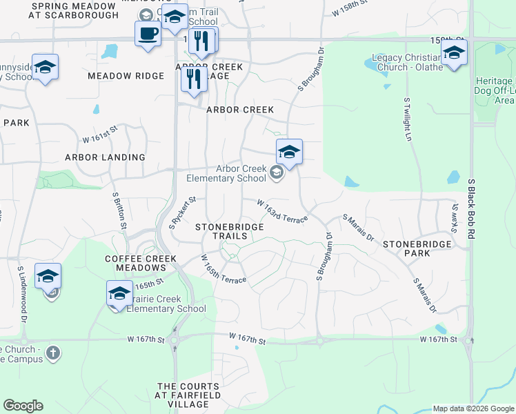 map of restaurants, bars, coffee shops, grocery stores, and more near 16291 West 163rd Terrace in Olathe