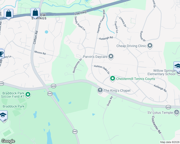 map of restaurants, bars, coffee shops, grocery stores, and more near 5604 Hampton Forest Way in Fairfax