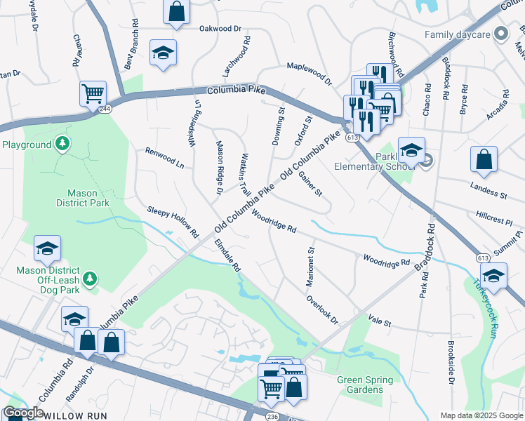 map of restaurants, bars, coffee shops, grocery stores, and more near 6478 Woodridge Rd in Alexandria