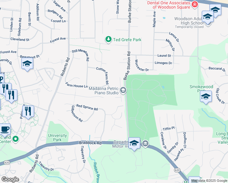 map of restaurants, bars, coffee shops, grocery stores, and more near 10005 Cotton Farm Road in Fairfax