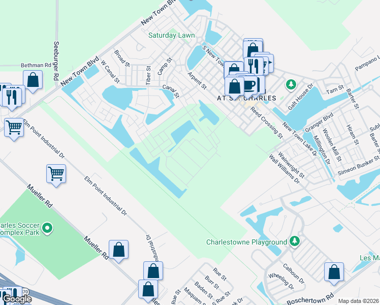map of restaurants, bars, coffee shops, grocery stores, and more near Boschert Trail in Saint Charles