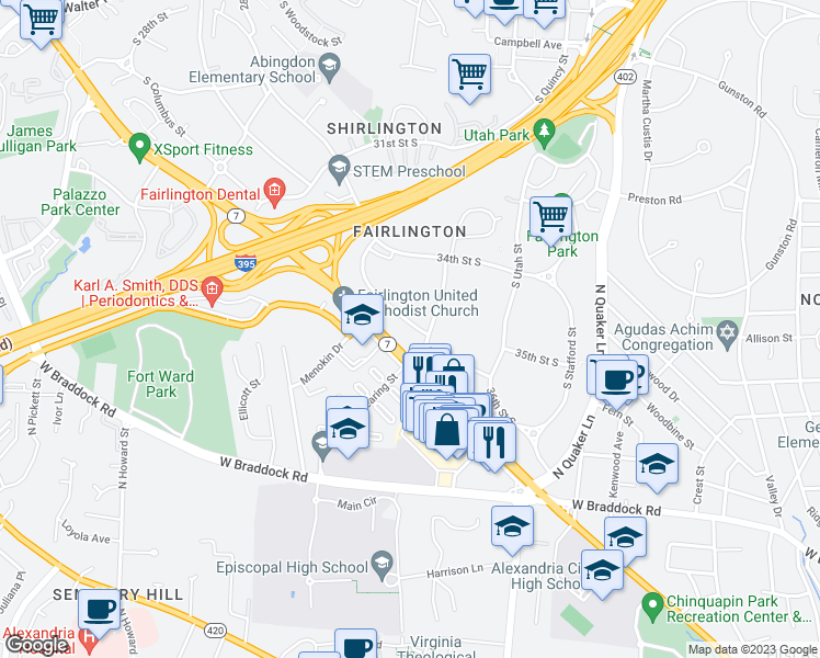 map of restaurants, bars, coffee shops, grocery stores, and more near 4614 36th Street South in Arlington