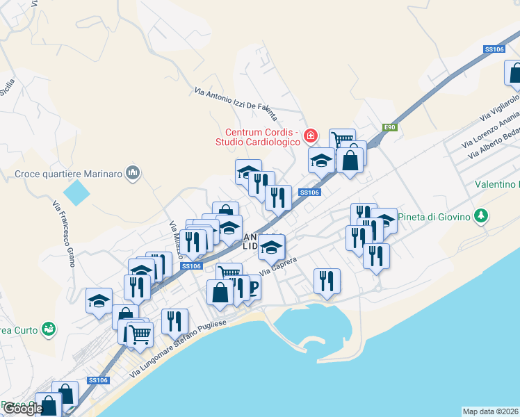 map of restaurants, bars, coffee shops, grocery stores, and more near 145 Viale Crotone in Catanzaro