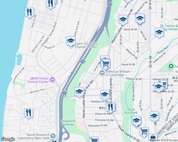 map of restaurants, bars, coffee shops, grocery stores, and more near 101 Independence Avenue Southeast in Washington