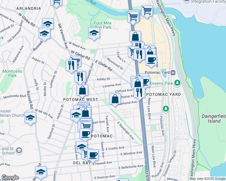 map of restaurants, bars, coffee shops, grocery stores, and more near 312 Clifford Avenue in Alexandria
