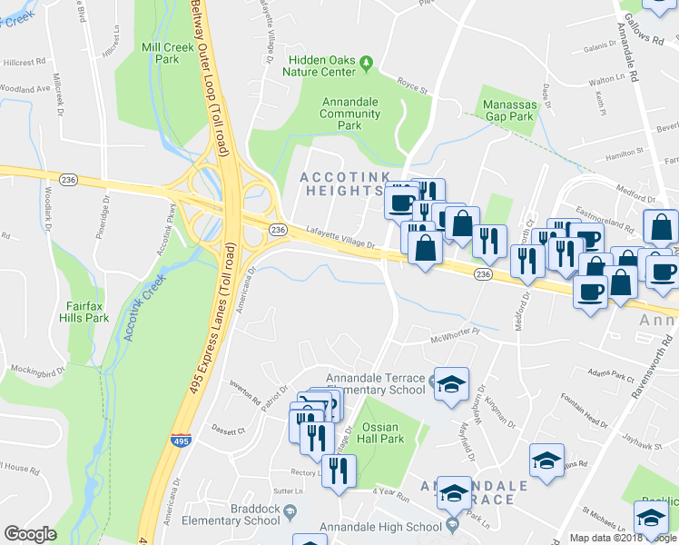 map of restaurants, bars, coffee shops, grocery stores, and more near 4227 Americana Drive in Annandale