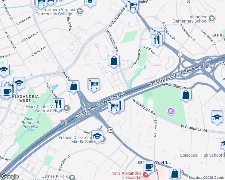 map of restaurants, bars, coffee shops, grocery stores, and more near 4610 Latrobe Place in Alexandria