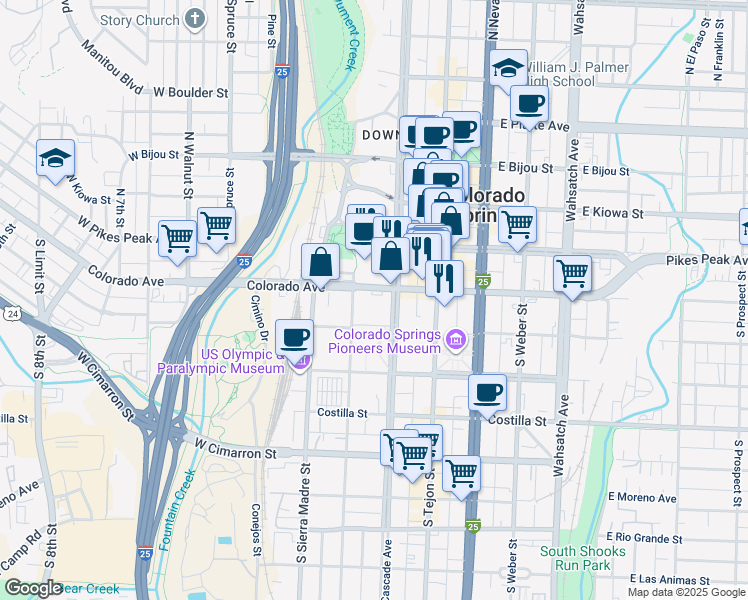 map of restaurants, bars, coffee shops, grocery stores, and more near 104 South Cascade Avenue in Colorado Springs