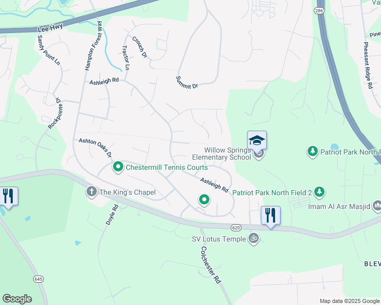 map of restaurants, bars, coffee shops, grocery stores, and more near 12750 Ashleigh Court in Fairfax